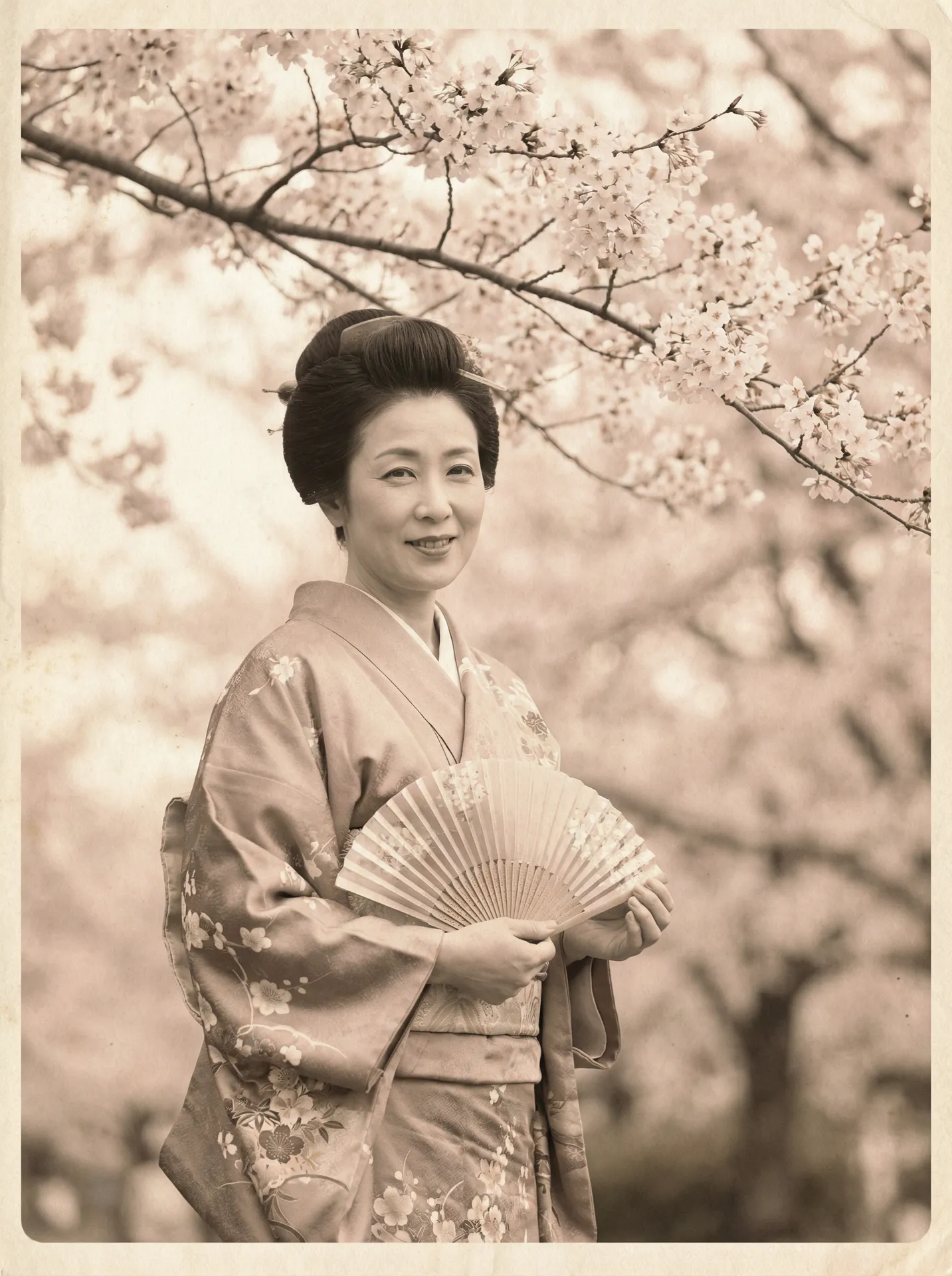 一位持扇的优雅 天堂漫画 在樱花树下的复古写真